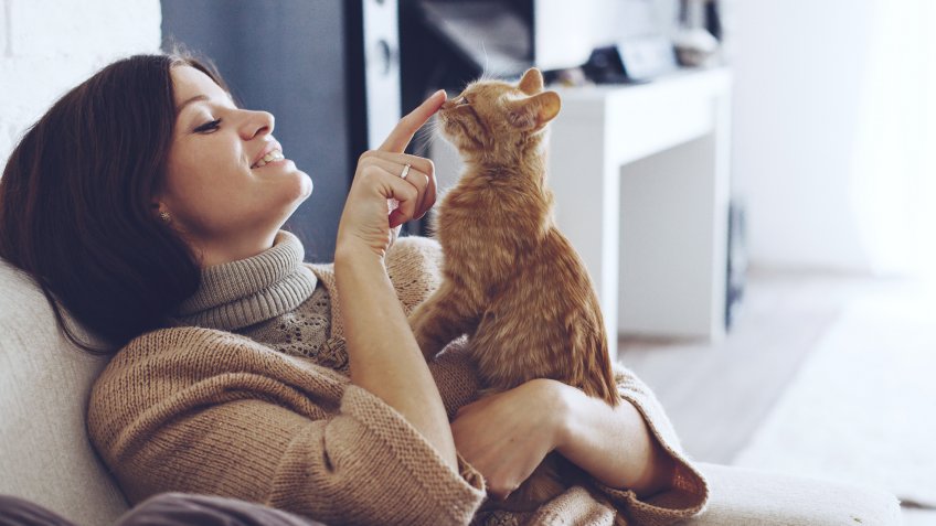 woman playing with kitten at home