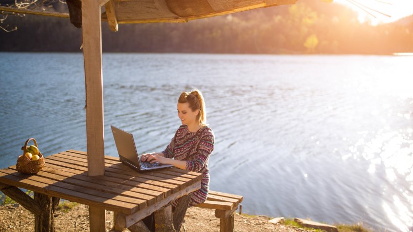 Working vacation on lake at sunset.