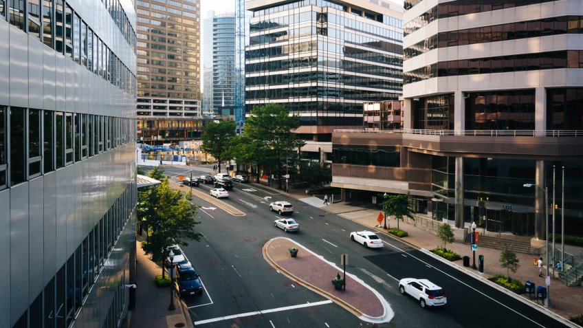 View of Wilson Boulevard and modern buildings in Rosslyn, Arlington, Virginia.