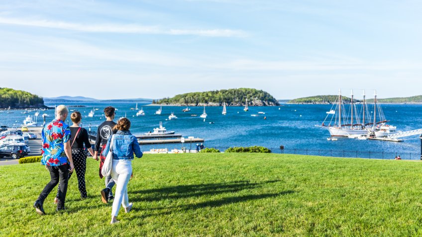 Bar Harbor: Group of young people walking on green grass hill in park downtown village in summer by boats.