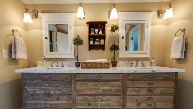 A shot of a modern bathroom.