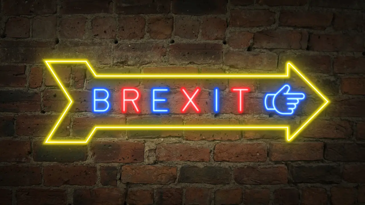 Britain exit from European Union, Brexit neon exit sign on brick wall.