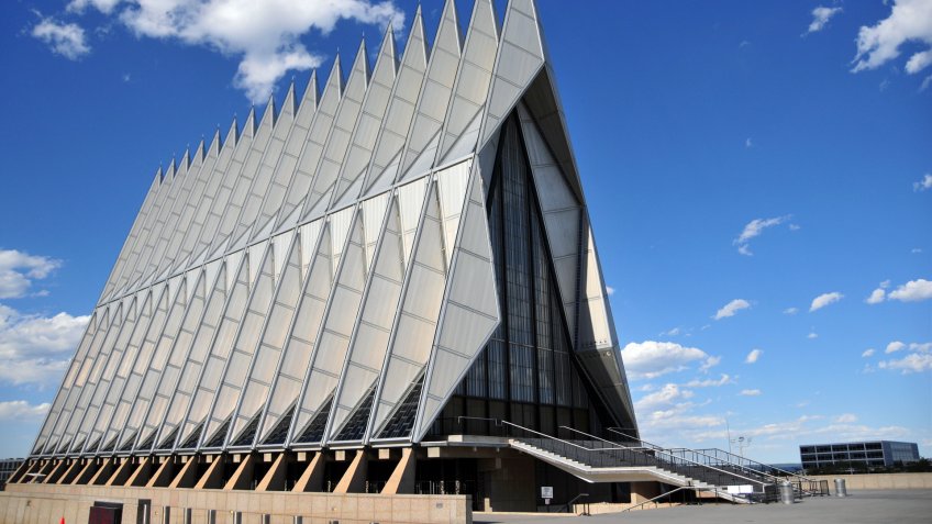 Colorado Springs, Colorado, USA: United States Air Force Academy Cadet Chapel - the triangular steel structure is a frame of 100 identical tetrahedrons - the building includes Protestant, Catholic, Jewish and Buddhist areas - modernist architecture by Walter Netschof Skidmore, Owings and Merrill - photo by M.