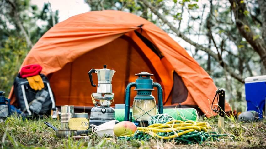 Equipment and accessories for mountain hiking in the wilderness.