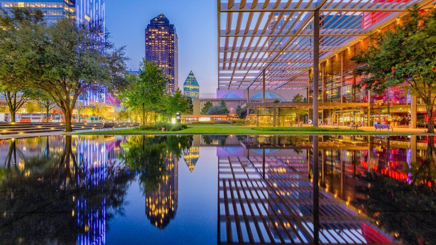 Dallas, Texas, USA downtown cityscape at twilight.