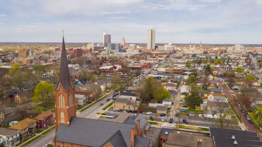 Aerial View Over The Urban City Center Skyline in Fort Wayne Indiana - Image.