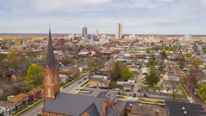 Aerial View Over The Urban City Center Skyline in Fort Wayne Indiana - Image.