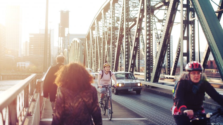 "Women, Cycling, Hawthorne Bridge, Oregon, Pedestrian, Portland - Oregon, Sunset", Willamette River