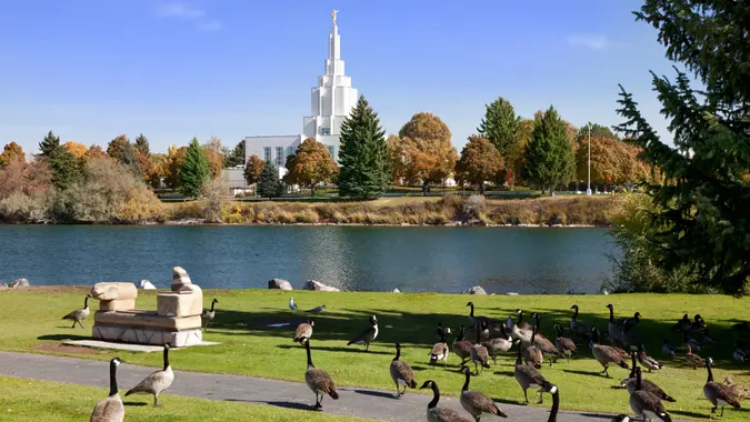 City of Idaho Falls in Idaho State showing famous landmark church in autumn, USA.