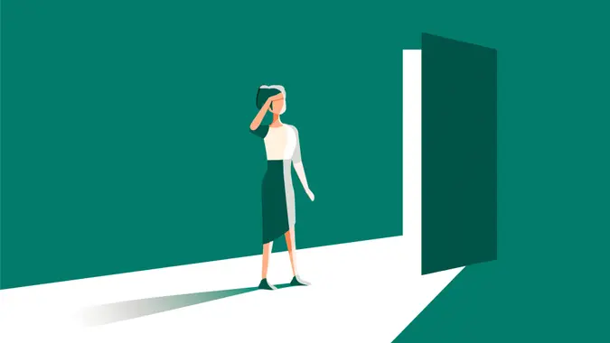 Businesswoman opening door vector concept.