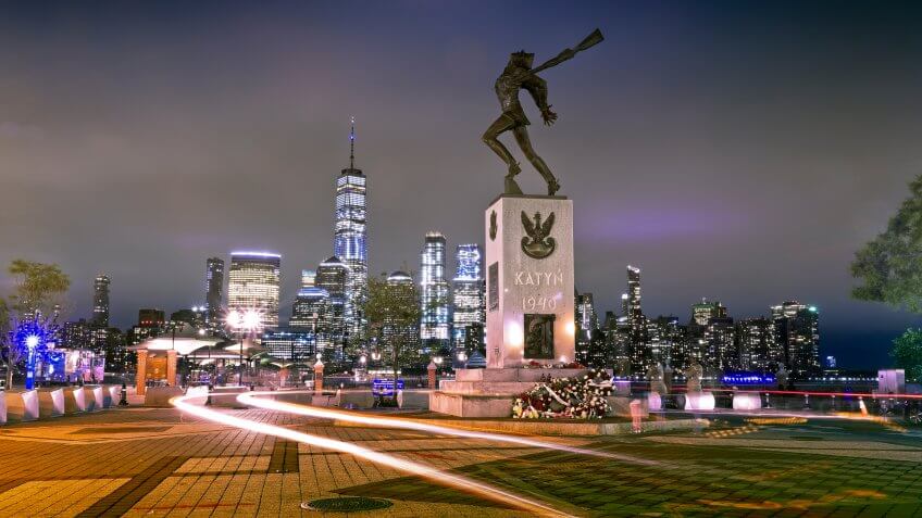 Jersey City, New Jersey, USA - September 14, 2018: Night view of Manhattan with Exchange Place - Image.