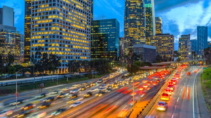 Evening traffic in downtown Los Angeles.