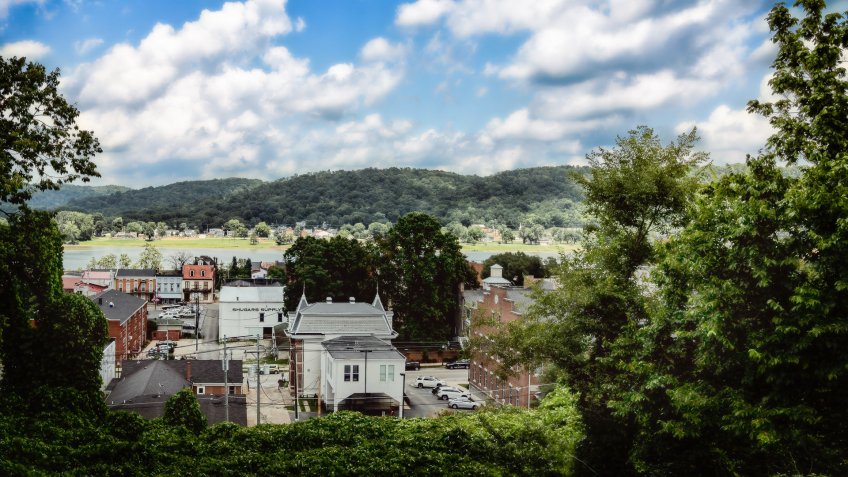Historic Maysville Kentucky viewed from the hillside with the Ohio river behind it, July 15, 2016.