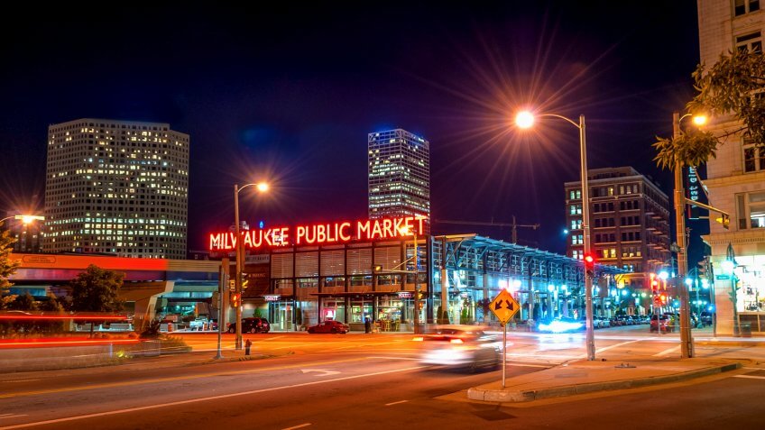 Aug 08 2015 Milwaukee Wisconsin United States The Milwaukee Public Market in the Historic Third Ward section of Milwaukee Wisconsin at night - Image.