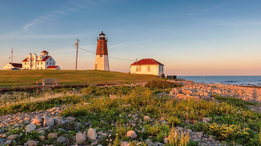 Spectacular Sunset at Rhode Island Lighthouse, Point Judith lighthouse, near Narragansett, Rhode Island, USA.