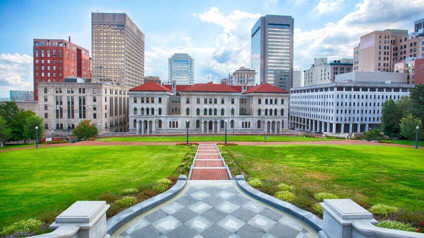 The view from the capital steps looking over downtown Richmond, Virginia.