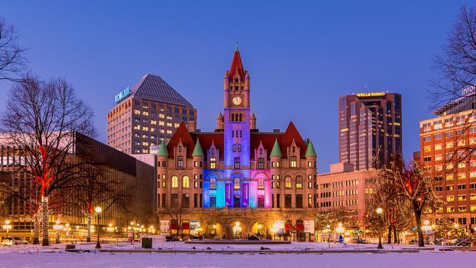 St Paul downtown skyline at sunset during christmas.