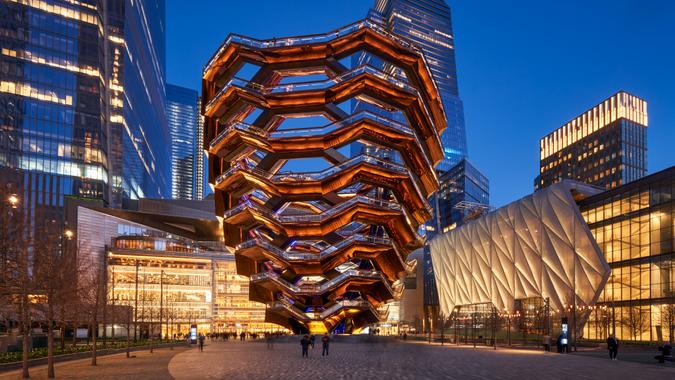 New York City, NY, USA - March 19, 2019: The Vessel, also known as the Hudson Yards Staircase (designed by architect Thomas Heatherwick) at dusk.