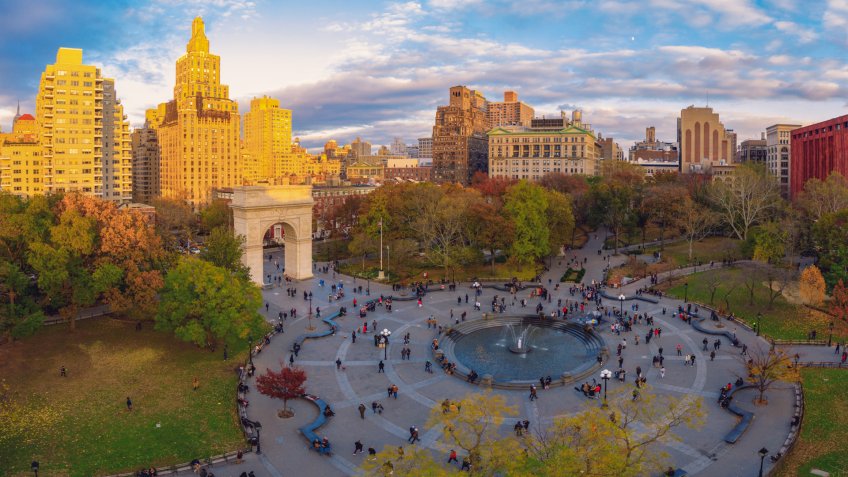 Washington square park aerial view New York City.