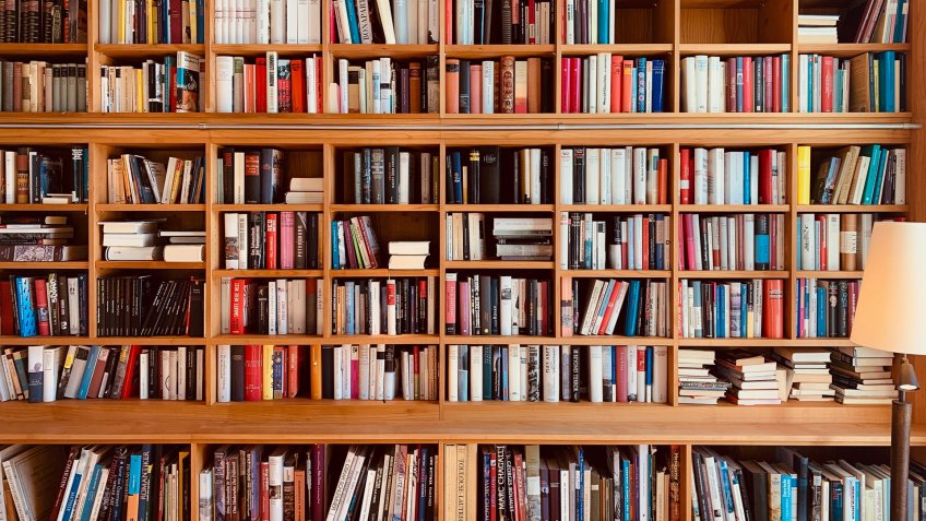 Wooden brown books shelves.