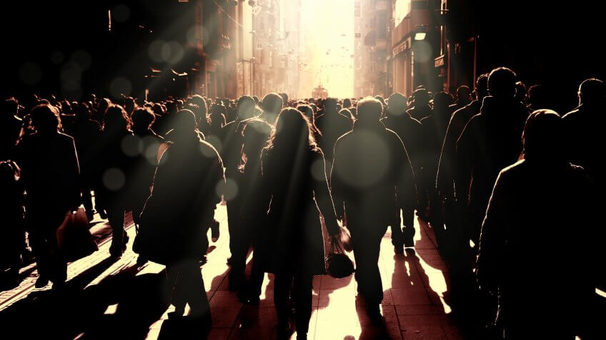 Close up image of crowded people walking on busy street in Istanbul, Turkey.
