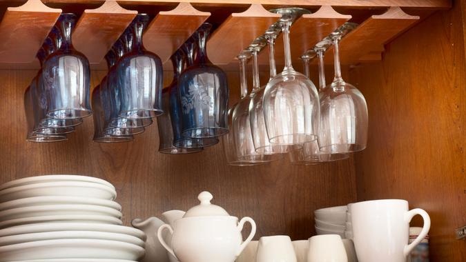glassware in cupboard