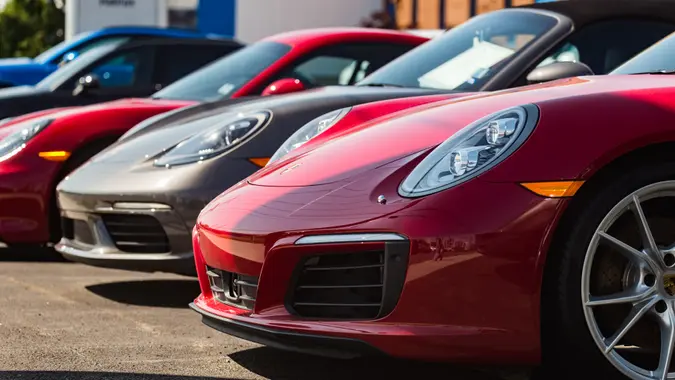 luxury Porsche car in dealership lot