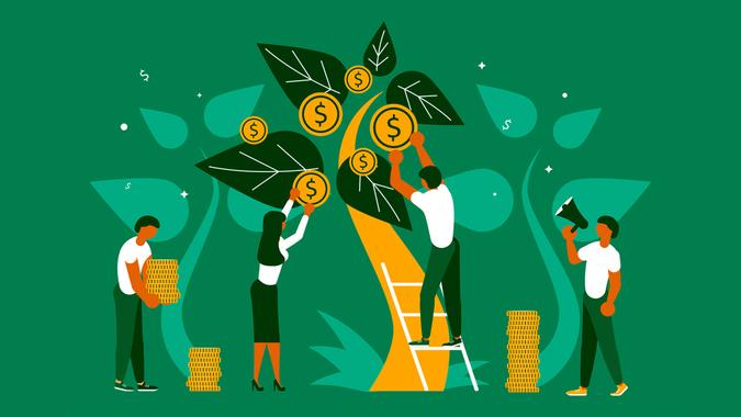 Business people, man and woman plant a money tree or picking dollars from money tree.