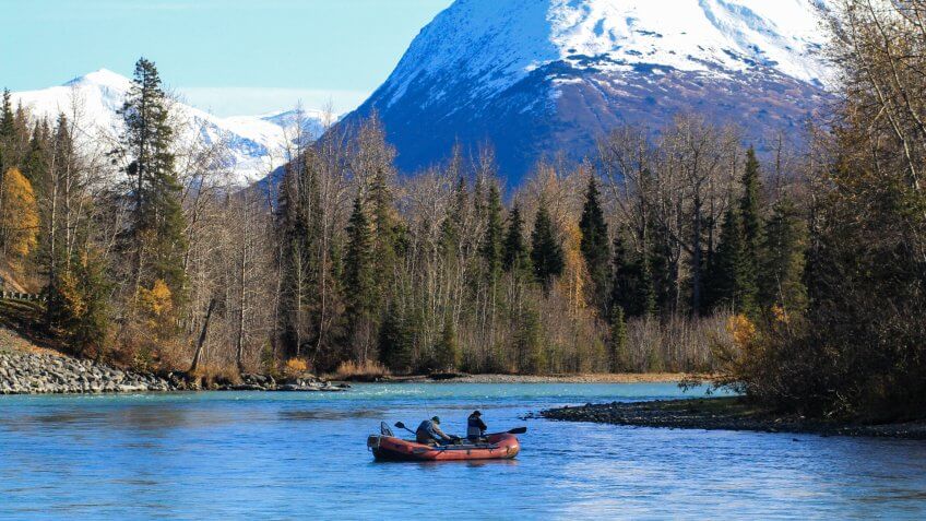 Kenai River in Cooper Landing Alaska fishing boat in fall - Image.