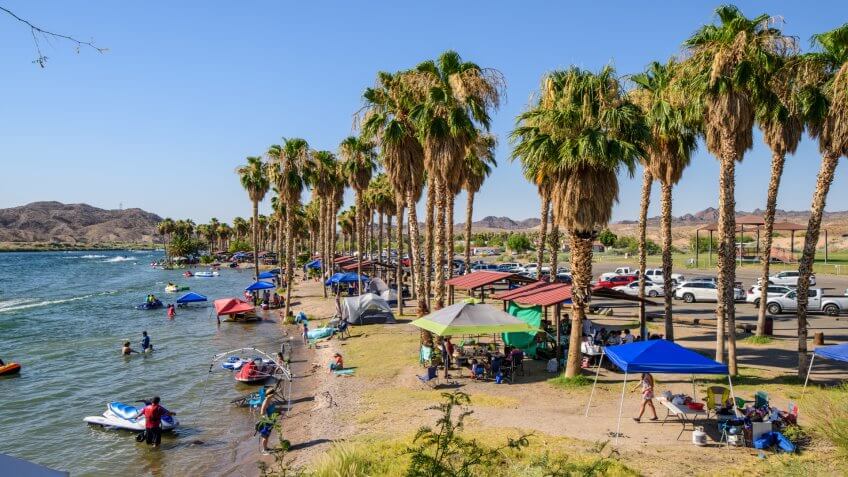 Bullhead City,Arizona, USA - July 01,2017 : Colorado River in Bullhead City with lots of tourists on a hot summer day.