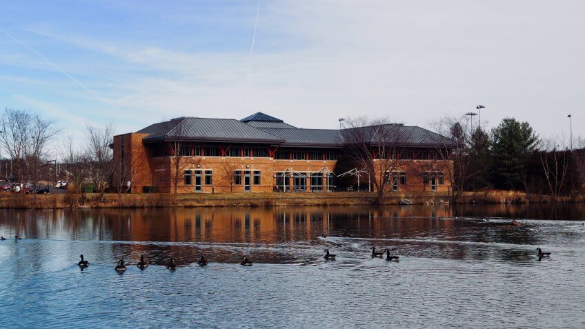 Lake full with geese, Ashburn, Virginia and blue sky in background - Image.