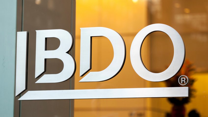 New York, New York, USA - September 17, 2019: Metal logo on glass at a BDO location in midtown Manhattan.