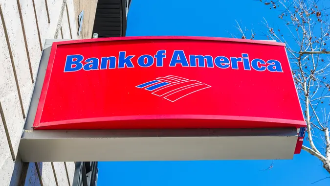 February 21, 2018 San Jose / CA / USA - Bank of America logo above the entrance to one of the bank's branches, San Francisco bay area - Image.