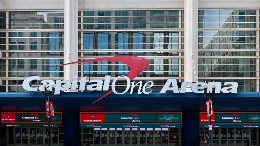 WASHINGTON - JULY 6, 2019: CAPITAL ONE ARENA sign at entrance to stadium.