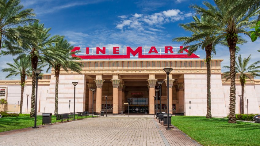 Front facade of Cinemark Paradise 24 movie theater in the style of an Egyptian temple in Davie, Florida, USA.