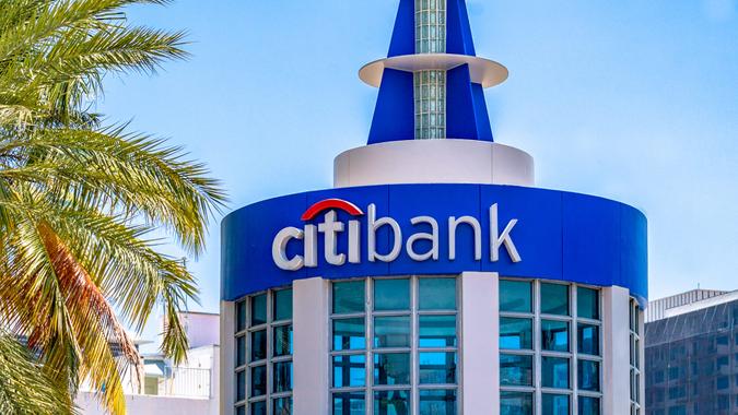 Miami, USA-July 7, 2018: Citibank sign logo in round small tower architecture detail of building.