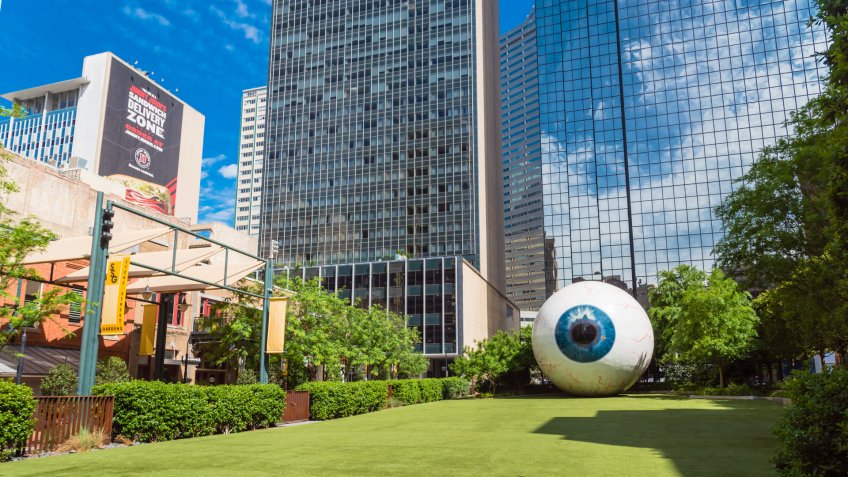 DALLAS, TX, USA-MAY 3, 2019: Hyper-realistic eyeball with streaky red veins created by artist Tony Tasset in 2007.