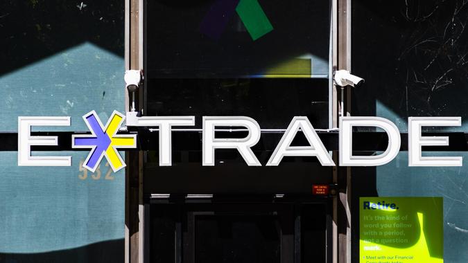 Aug 21, 2019 San Francisco / CA / USA - E*Trade logo at their downtown office; E-Trade Financial Corporation (stylized as E*TRADE) offers an electronic platform for trading financial assets - Image.