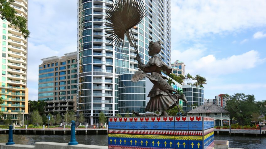 FORT LAUDERDALE, FL - MAY: Tall life-sized bronze statue titled "Florida, a Seminole Girl" located at Stranahan Landing, directly across the New River from the Stranahan House as seen May 10, 2018.