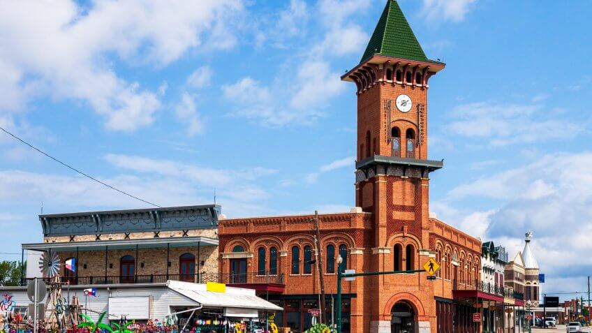 Historic Downtown Grapevine Texas with its collection of unique hops and its amazing convention center and visitor's bureau.