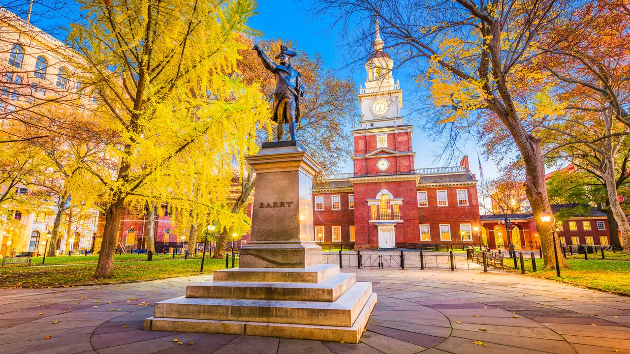 Philadelphia, Pennsylvania, USA at historic Independence Hall during autumn season.