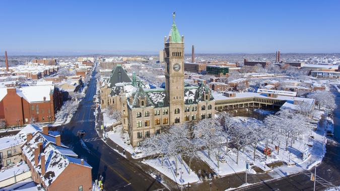 Lowell, Massachusetts shutterstock_1036455079 Lowell City Hall and downtown aerial view in downtown Lowell, Massachusetts, USA.