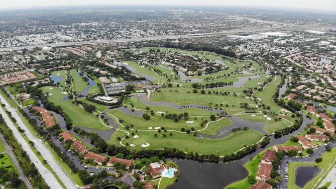 Aerial shot of the Lago Mar Golf Course in Plantation, Florida.