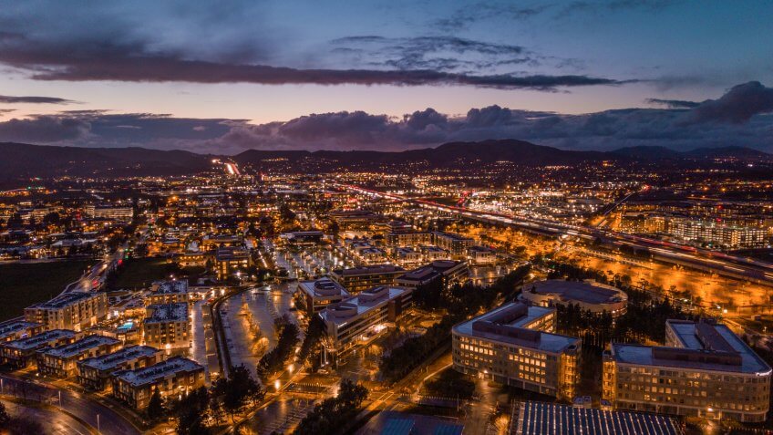 City of Pleasanton lights during rush hour.