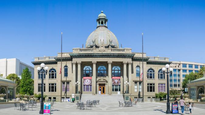 October 7, 2017 Redwood City/CA/USA - Panoramic view of San Mateo county History Museum located in Courthouse Square - Image.