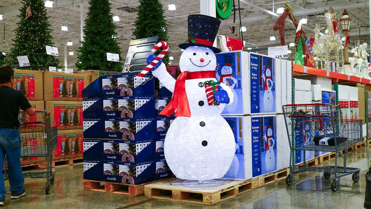 San Leandro, CA/USA - October 8, 2019: Snowman on display along with other winter holiday products at Costco Wholesale.