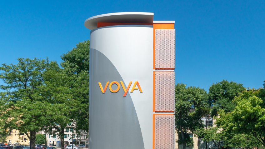 MINNEAPOLIS, MN/USA - JULY 7, 2018: Voya Financial exterior sign and trademark logo.