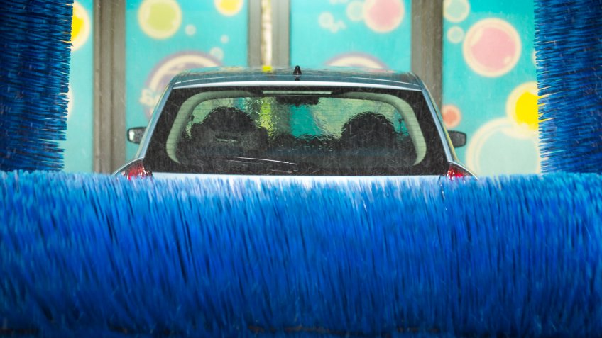 Automatic car wash in action, car wash clean, brushes.