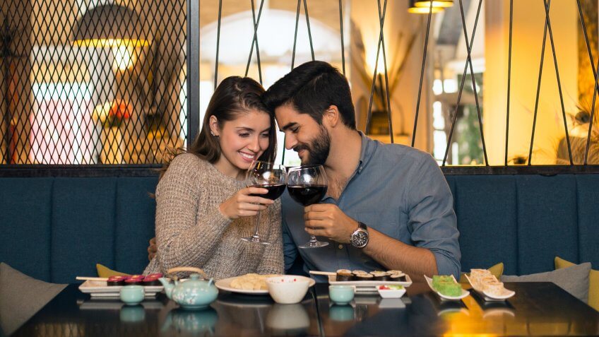 Young couple in a restaurant, drinking wine.
