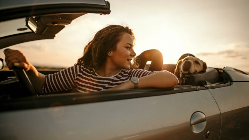 Woman driving with dog to sunset.